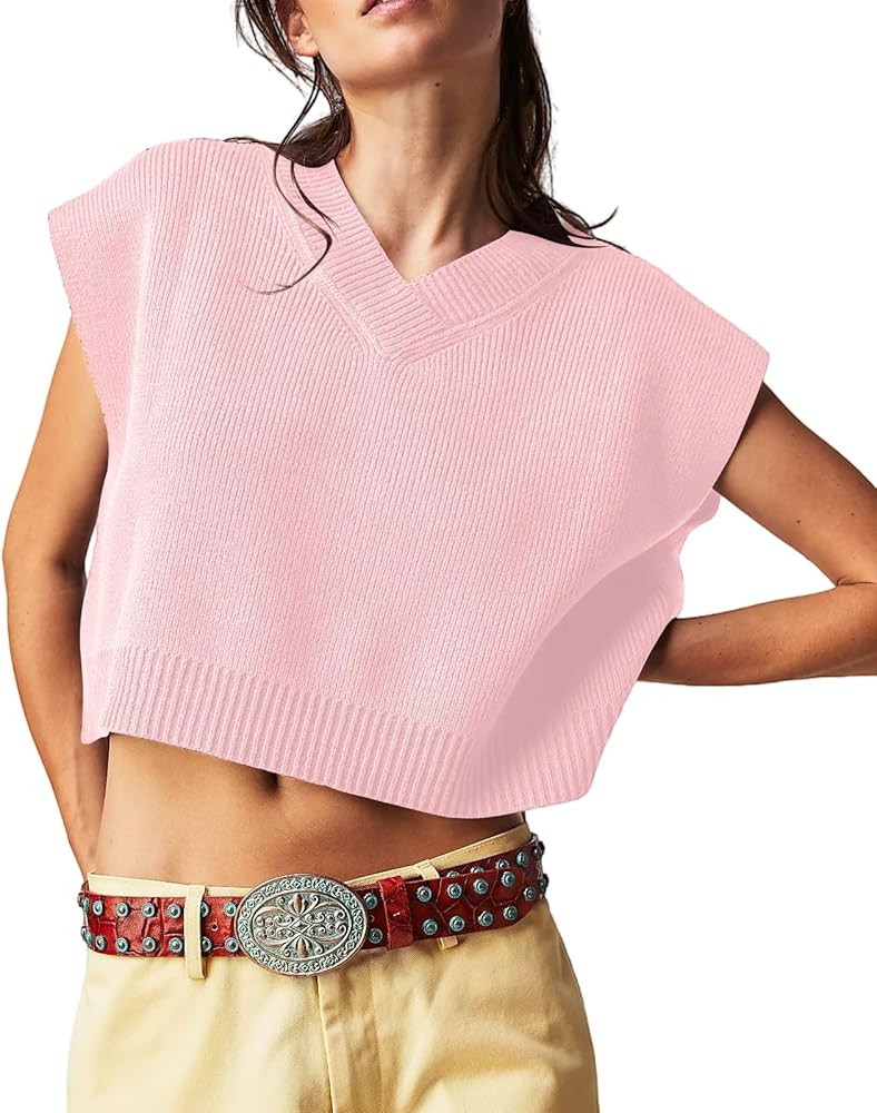 Carpetcom Sweater Vest Women Ribbed Knitted V Neck Oversized Sweaters Sleeveless Crop Tank Tops | Amazon (US)