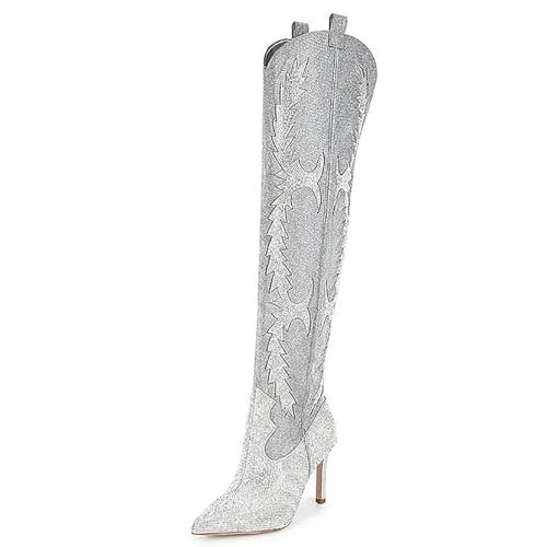 olomisa Sparkly Boots for Women, Rhinestone Over Knee Boots Embroidery Pointed Toe Pull On Stiletto Heeled Thigh High Sparkly Boots Tall Long Boots | Amazon (US)