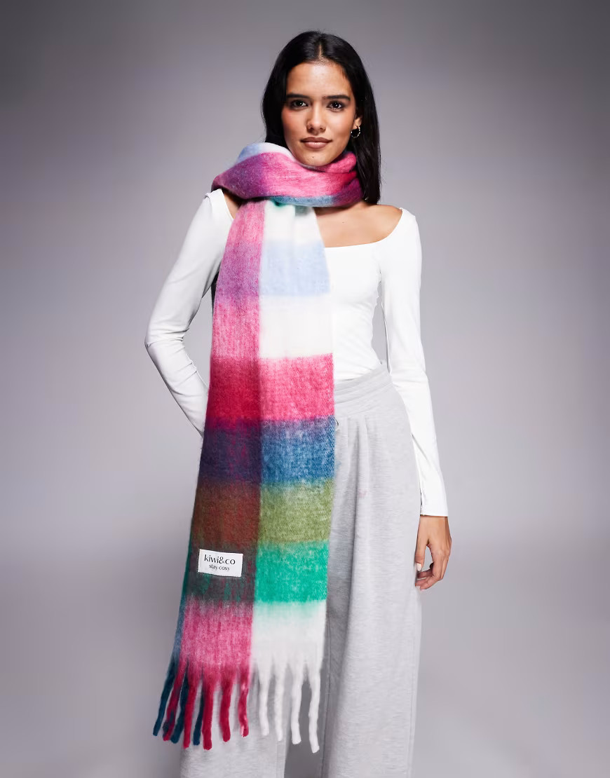 Kiwi & Co Sugar Check brushed oversized tassel scarf in multi check | ASOS (Global)