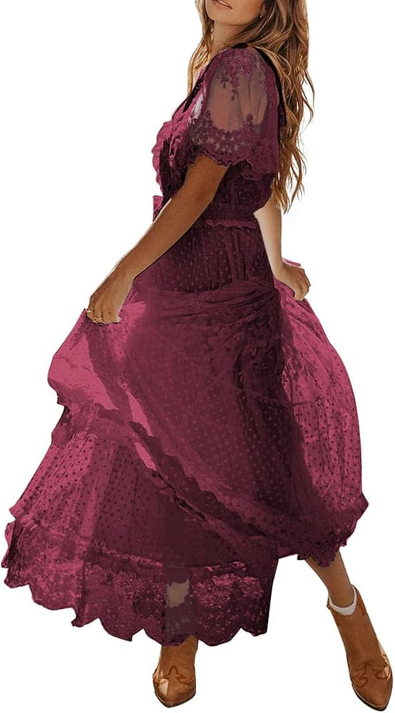 Womens V Neck Button Down Floral Lace Maxi Dress Short Sleeve Boho Flowy Dresses | Amazon (US)