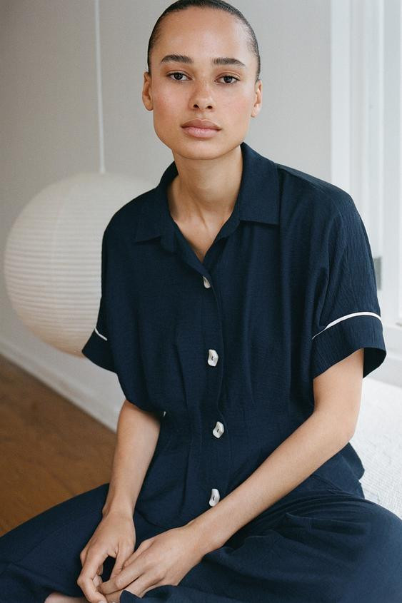 Zara - Contrast Piping Pleated Shirt - Navy Blue - S - Woman | Zara UK