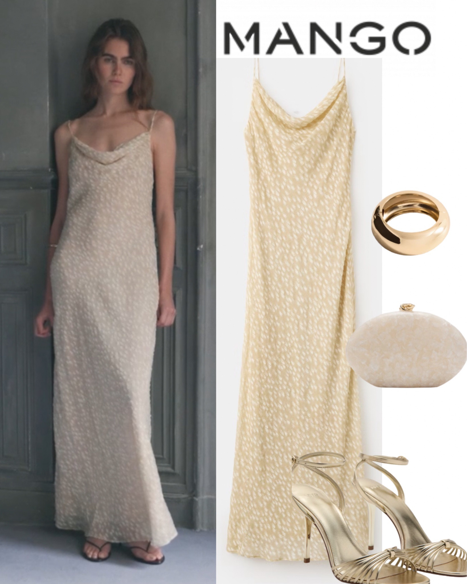 Ethereal Elegance: The Mango Ivory Slip & Gold Glam Edit ✨
￼
Because your style speaks.
Effortless elegance — the Mango slip dress that moves with you. 

There is nothing more classic than a cowl-neck slip dress, but the subtle print and textured finish on this piece take it to the next level. I’ve styled it with liquid-gold strappy heels and a pearl-effect clutch to keep the look light, airy, and ultra-glamorous.

This is the perfect outfit for a summer gala, a rehearsal dinner, or any moment where you want to feel polished yet comfortable.

Style Tip: Add a chunky gold dome ring to ground the delicate fabric of the dress. It adds just the right amount of "quiet luxury" weight to the look!

#MangoGirls #SummerGlam #SlipDress #IvoryAndGold #WeddingGuestInspo #QuietLuxury #SummerElegance #LTKunder150

#LTKgrwm #LTKootd #LTKWedding