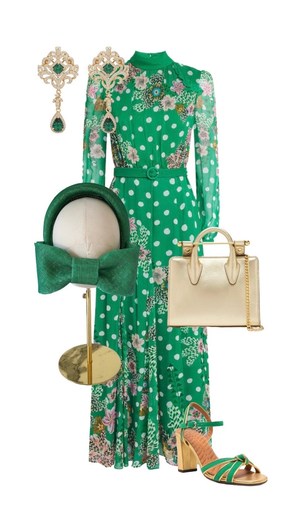 Green Dress - Saloni at Harrods

Gold Leather Bag - Strathberry at Farfetch

Green Gold Drop Earrings - Latelita 

Green Fascinator - Etsy

Green Shoes - Chie Mihara at Farfetch

#LTKdresses #LTKeurope #LTKluxury #LTKuk #LTKspring #LTKsummer