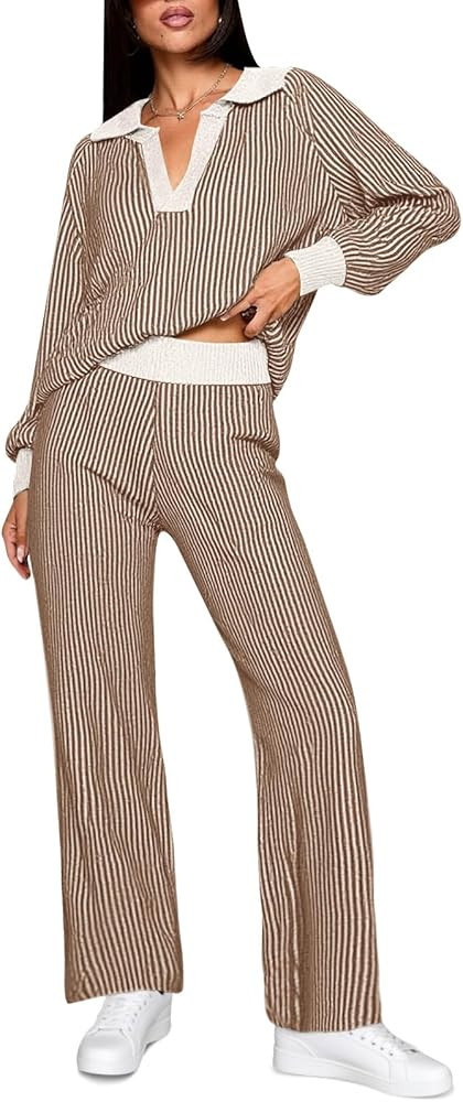 Fisoew Womens 2 Piece Outfits Striped Lounge Sets Knit V Neck Sweaters Casual Wide Leg Pants Loos... | Amazon (US)