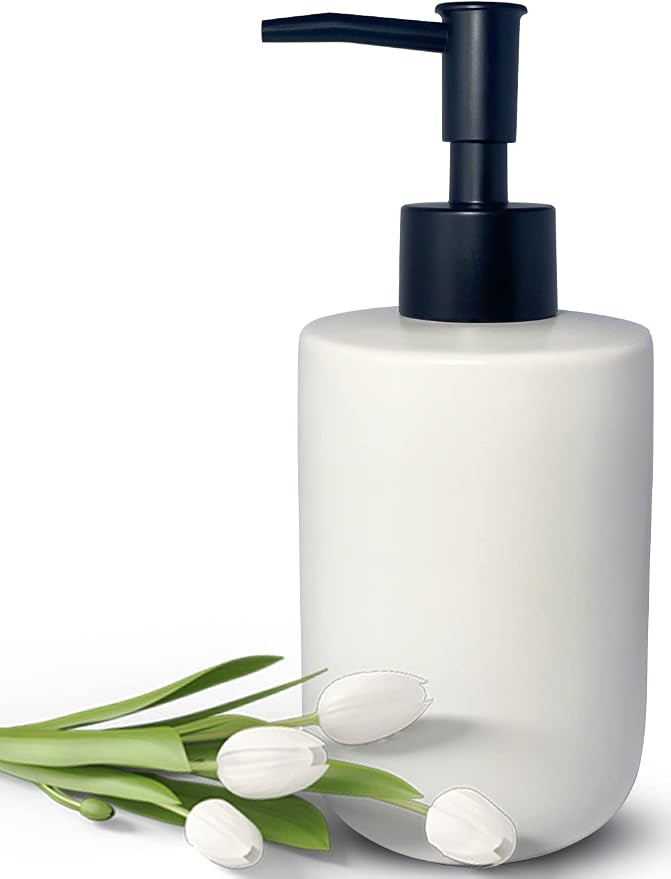 White Soap Dispenser with Matte Black Pump for Bathroom,Minimalist Modern Design Cylindrical Loti... | Amazon (US)