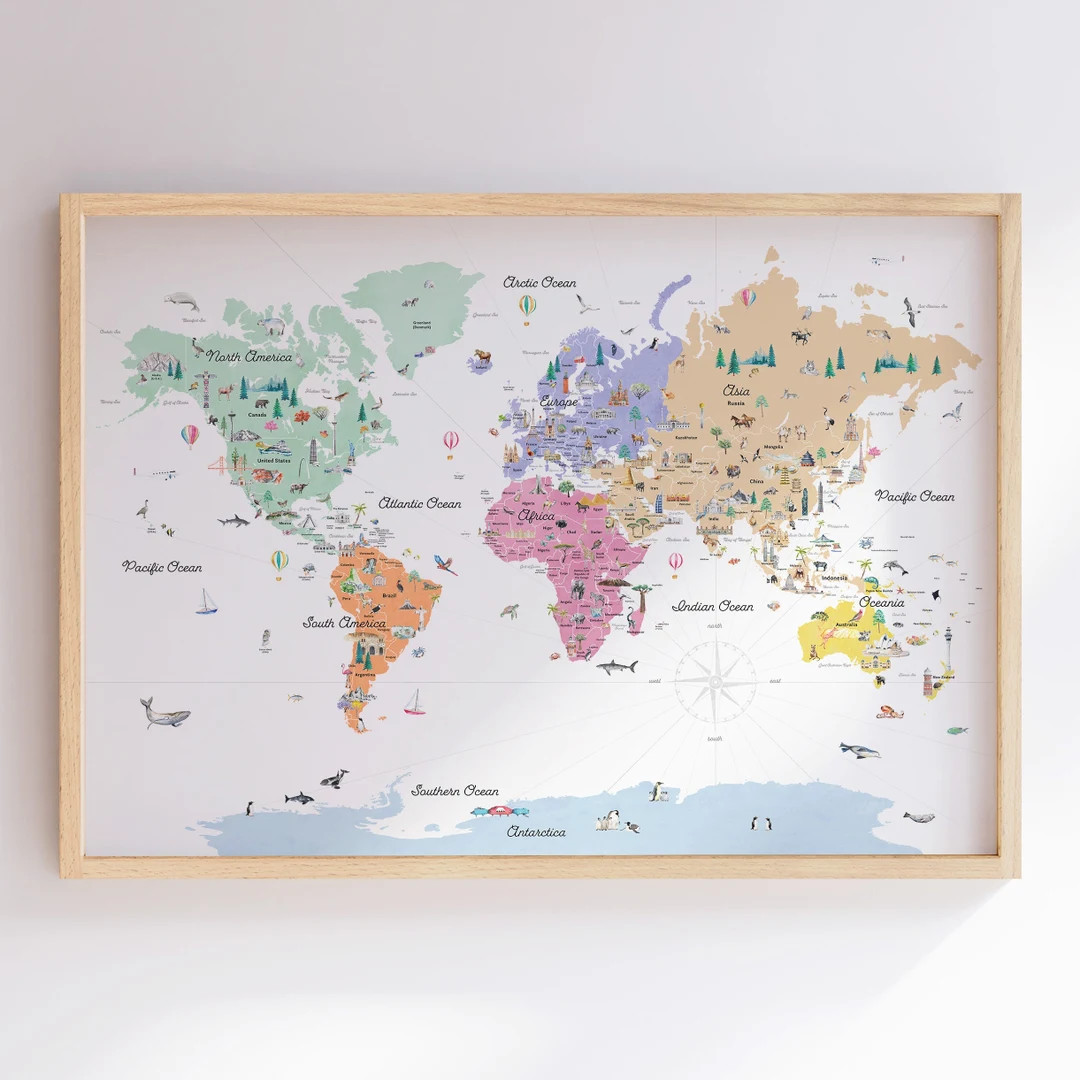 Educational World Map Framed Print With Countries, Borders, & Landmarks | Pastels | Watercolor Wo... | Etsy (US)