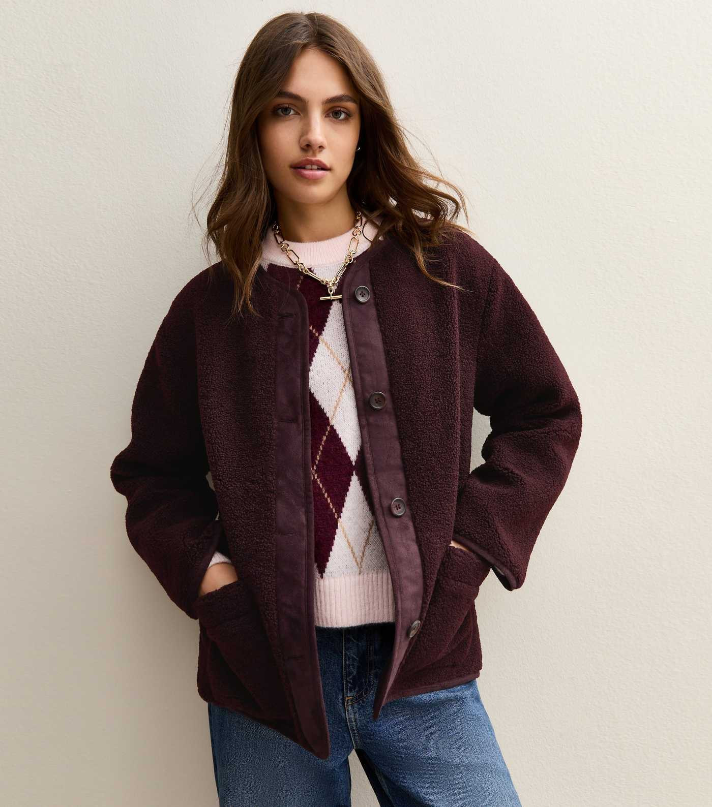 Dark Burgundy Borg Button Through Jacket | New Look | New Look (UK)