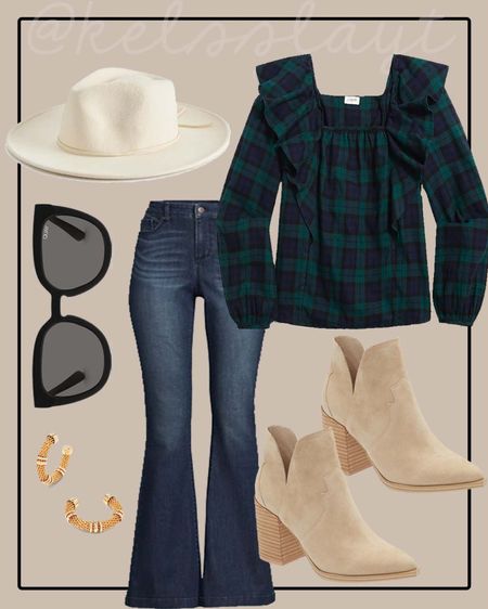 Outfit idea, j. Crew Factory, Walmart jeans, fall outfit, black watch plaid, tartan plaid, Steve Madden booties, fall outfit 

#LTKSeasonal #LTKsalealert #LTKunder50