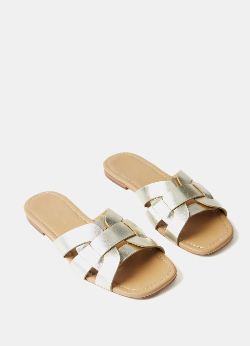 Gold Leather Woven Flat Sandals | Mint Velvet