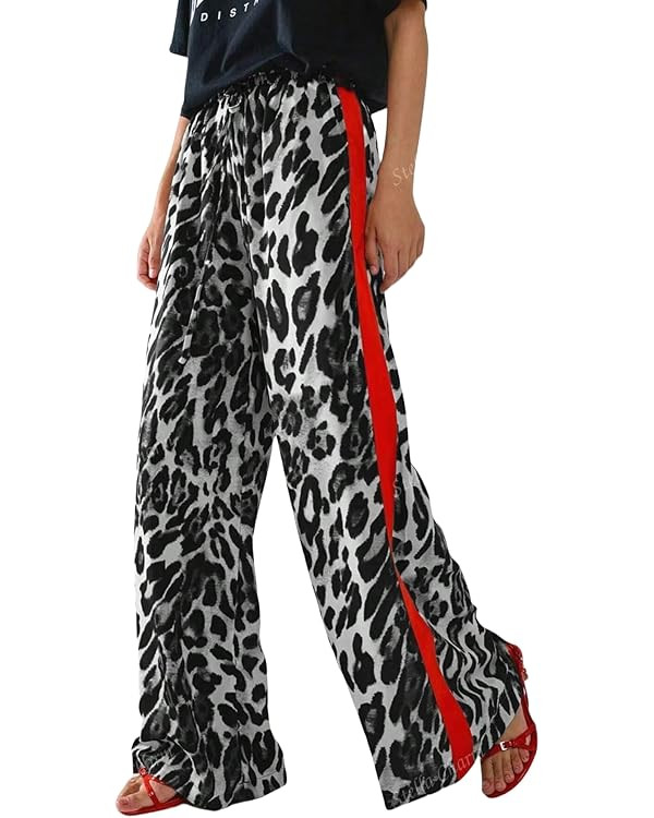 Women's Casual Pants Drawstring Leopard Print Color Block Side Striped Straight Leg Wide Leg Loos... | Amazon (US)