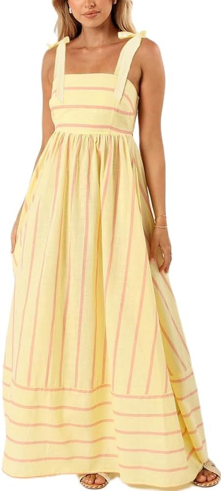 Women Boho Shoulder Tie Strap Dress Y2k Floral Smocked Flowy Long Dress Cute 2024 Summer Beach Ti... | Amazon (US)