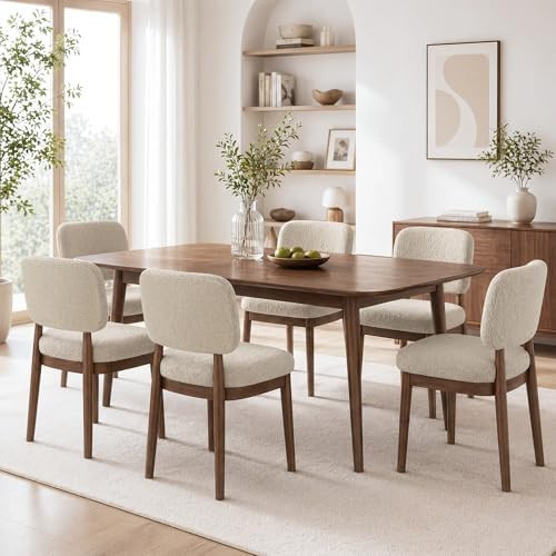 Wooden Dining Chairs Set of 6, Boucle Upholstered Kitchen Chairs with Solid Wood Legs, Mid Centur... | Amazon (US)
