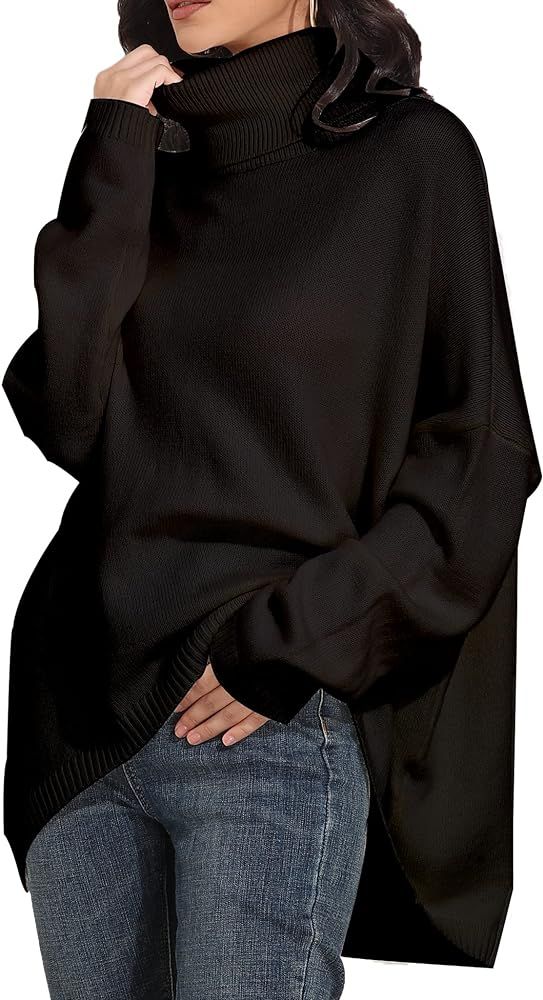 Fall Winter Turtleneck Sweater Oversized Tops for Women Long Batwing Sleeve 2021 Trending HI-LO Knit | Amazon (US)