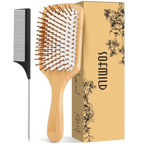 Hair Brush-Natural Wooden Bamboo Brush and Detangle Tail Comb, Paddle Hairbrush for Women Men and Kids Make Thin Long Curly Hair Health and Massage Scalp | Amazon (US)