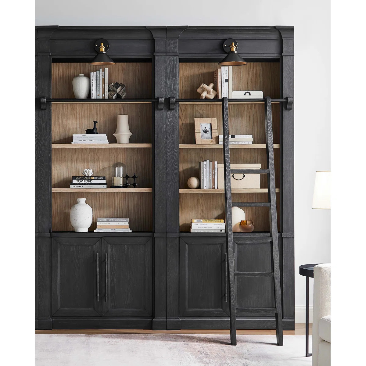 Two 8' Tall Bookcase Wall With Ladder, Storage Organizer, Display Shelf for Office, Black | Wayfair North America