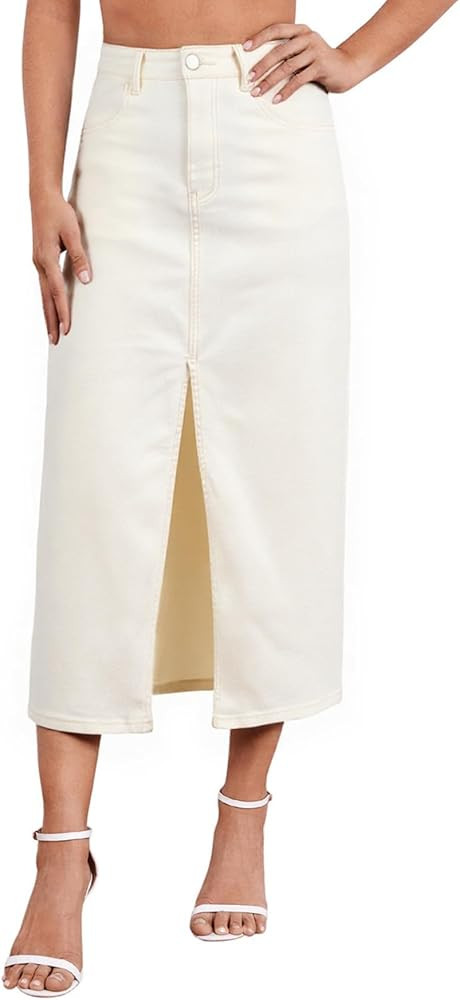 Stylish Women's Stretch Denim Skirt Mid-Length Comfortable & Curve-Hugging with Center Slit | Amazon (US)