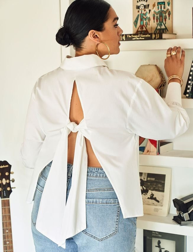 Open Tie Back Button Down | Eloquii