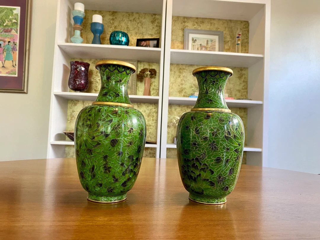 Vintage Chinese Cloisonné Emerald Green Floral/forest Vase - Etsy | Etsy (US)