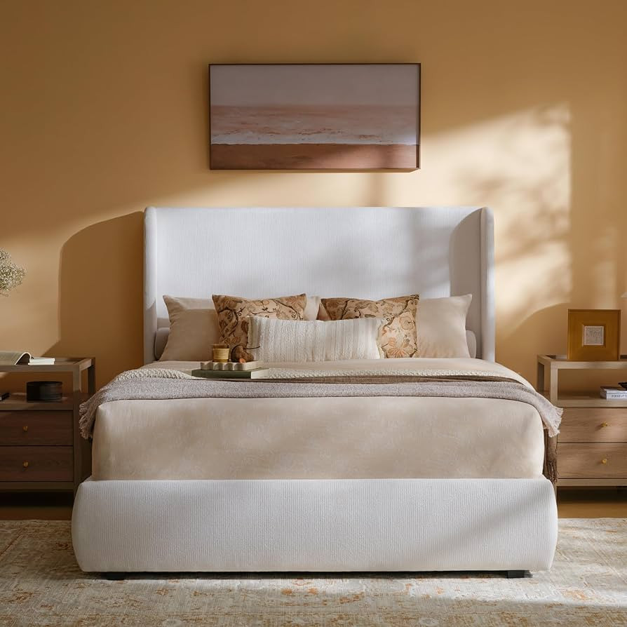 RECCI Queen Upholstered Wingback Bed Frame, 52\u201d Tall Cushioned Headboard, Soft Edges, Low Pr... | Amazon (US)