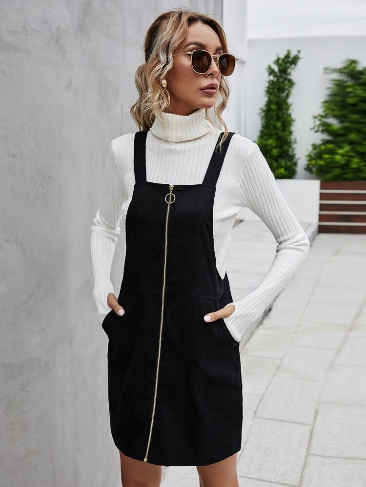 Corduroy O-Ring Zipper Overall Dress Without Sweater | SHEIN