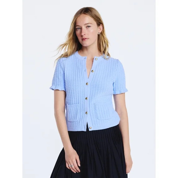 Free Assembly Women's Cotton Basketweave Cardigan Sweater with Short Ruffle Sleeves, Lightweight,... | Walmart (US)