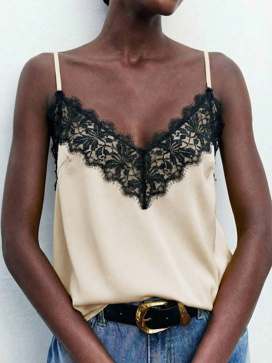 Maija Women's Cream And Black Contrast Lace Trim Cami Top,Elegant Summer Adjustable Spaghetti Str... | SHEIN