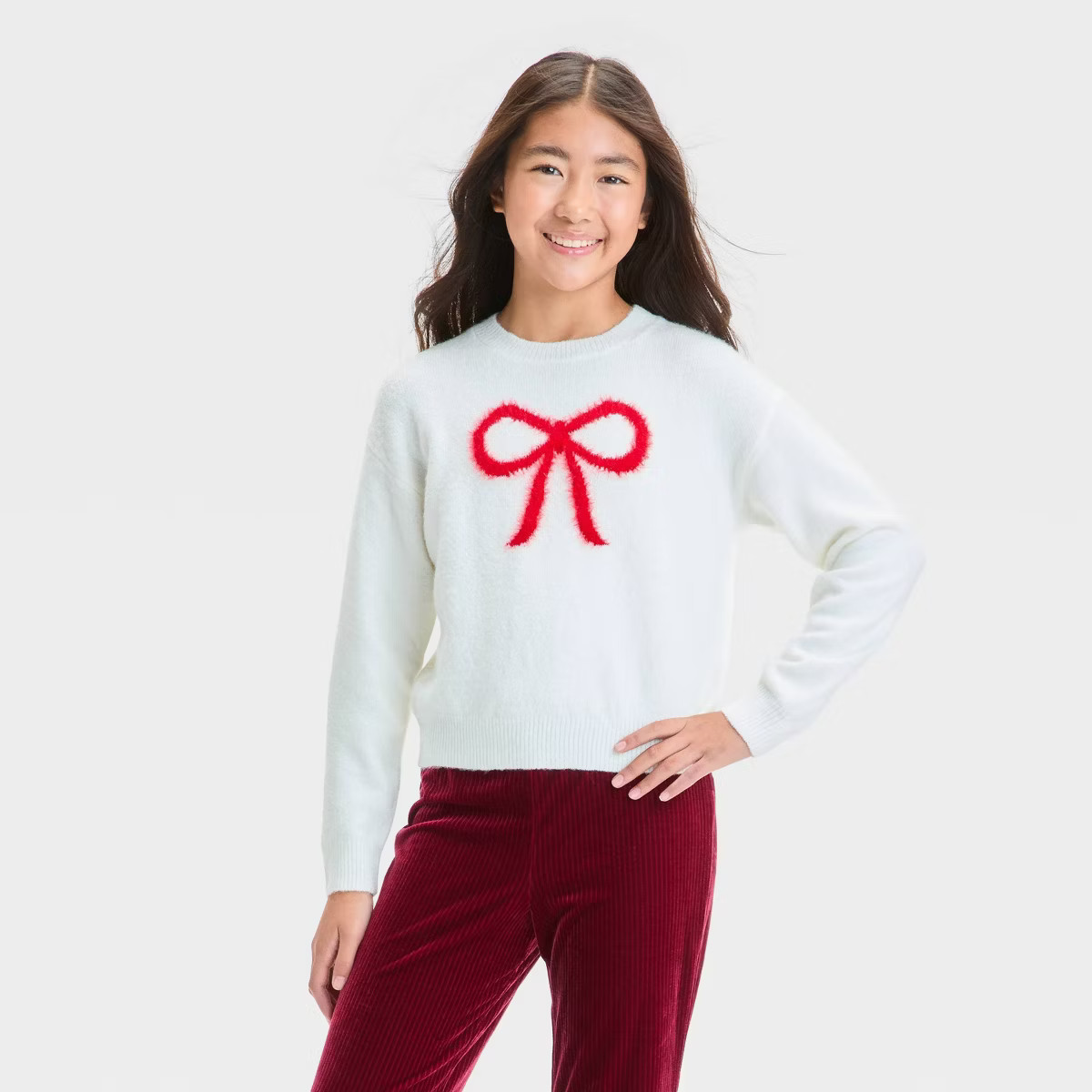 Girls' Novelty Pullover Sweater with Large Bow - art class™ - Off-White S | Target