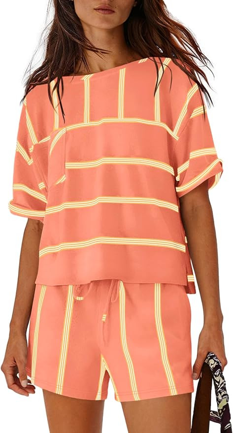 Nirovien Womens Striped Lounge Set 2 Piece Vacation Outfits Short Sleeve Tops and Drawstring Shor... | Amazon (US)
