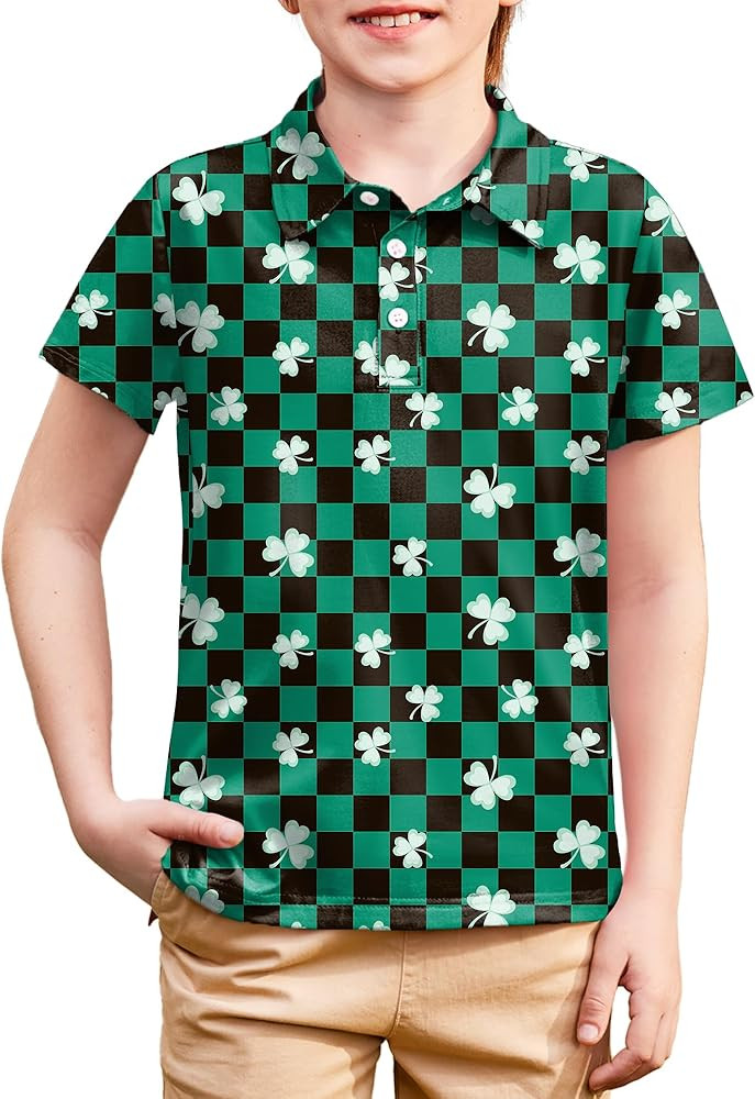 Boys St Patrick's Golf Polo Shirts Irish Clover Short Sleeve Button Down Shirts 6-14 Years | Amazon (US)