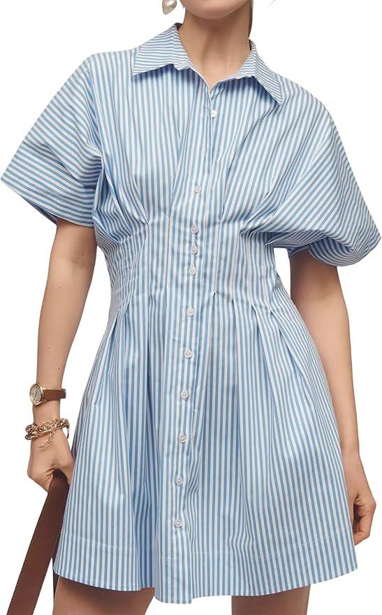 Women Button Front Pleated Shirt Dresses Summer Casual Short Sleeve Pleated Blouse Mini Dress | Amazon (US)
