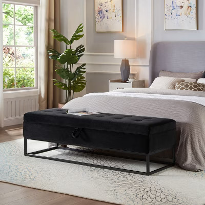 Velvet Ottoman Bench with Storage and Metal Base - Upholstered Storage Bench End of Bed Stool, Black - ModernLuxe | Target