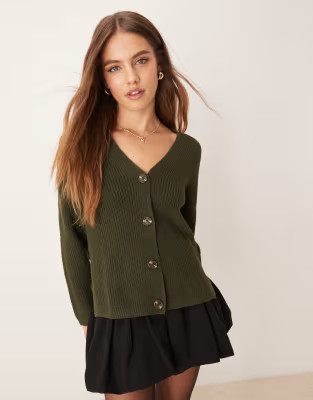 Nobody's Child boxy button v neck cardigan in khaki | ASOS (Global)