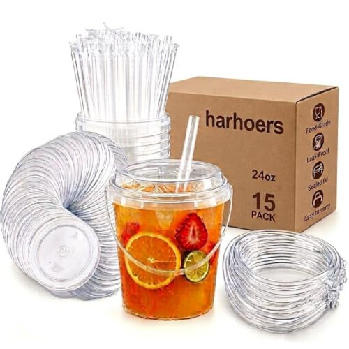 15 Pack 24oz Plastic Drink Buckets with Lids and Straws, Sturdy Reusable Bucket Cups for Summer Beach, Pool Parties & BBQ, Leak-Resistant BPA-Free Design for Iced Coffee & Cocktails | Amazon (US)
