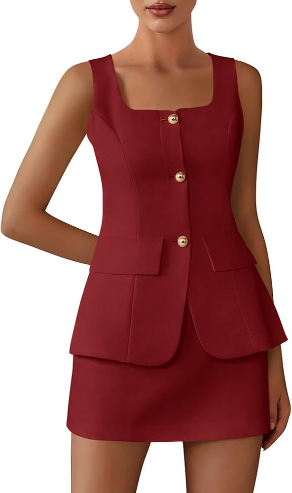 BTFBM 2 Piece Sets For Women Summer 2026 Spring Sleeveless Button Up Blazer Vest Tops Skirt Sets ... | Amazon (US)