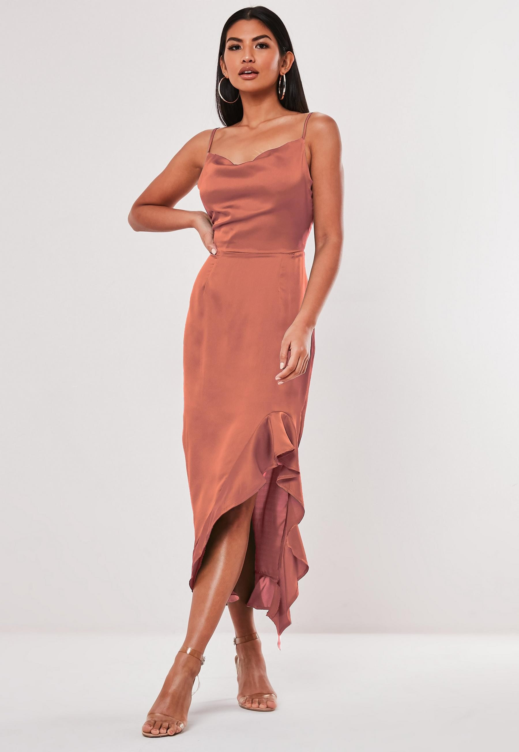 Blush Satin Ruffle Side Cami Midi Dress | Missguided (US & CA)
