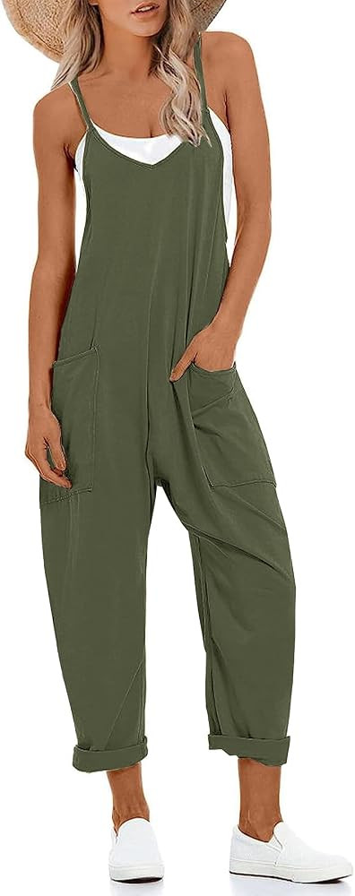Muchpow Women's V Neck Sleeveless Jumpsuits Spaghetti Straps Harem Long Pants Overalls With Pocke... | Amazon (US)