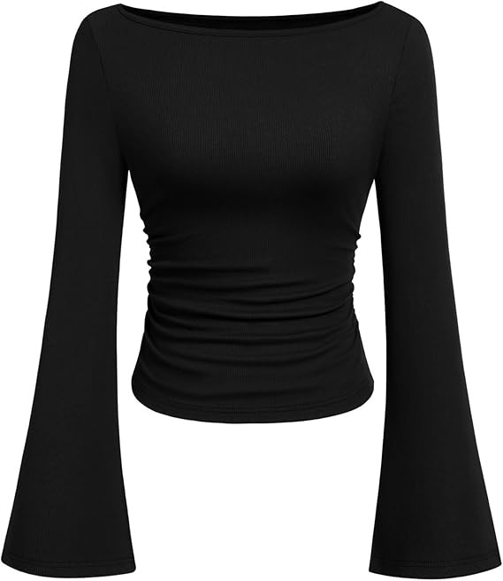 PRETTYGARDEN Womens Long Sleeve Shirts 2026 Spring Crop Going Out Tops Casual Boat Neck Bell Slee... | Amazon (US)