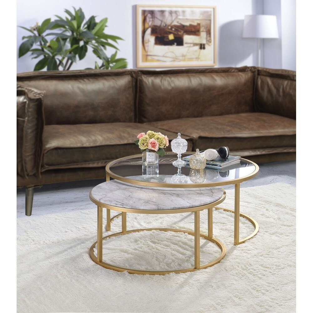 TiramisuBest Shanish Nesting Table Set(2Pc Pk)in Faux Marble&Gold (MDF) | Bed Bath & Beyond