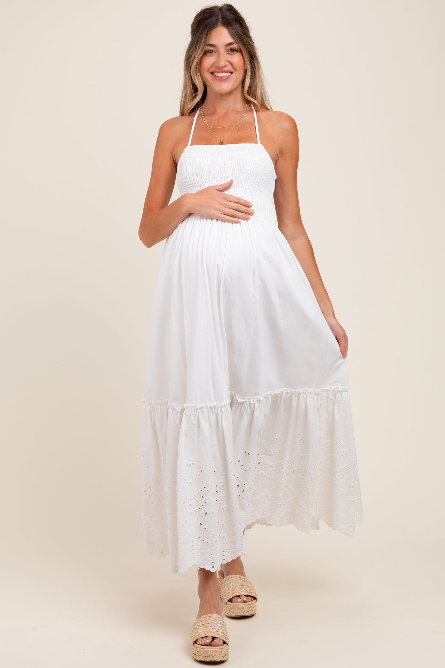 White Smocked Open Back Lace Hem Maternity Maxi Dress | PinkBlush Maternity