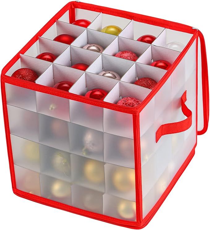 Plastic Christmas Ornament Storage Box with Zippered Closure [1-Pack], Hold 64 Christmas Balls Ho... | Amazon (US)