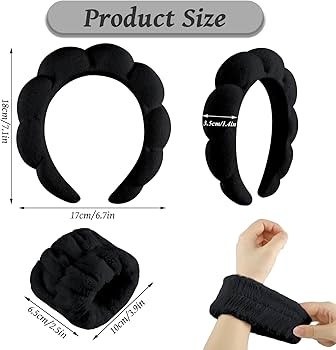 Sponge Spa Headband for Women, Soft Makeup Headband and Wrist Washband Set Black Skincare Headban... | Amazon (US)