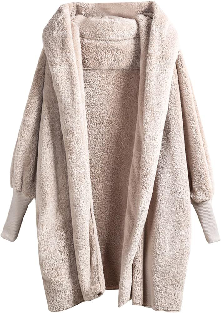 Women Khaki Hooded Dolman Sleeve Faux Fur Cardigan Coat for Winter | Amazon (US)