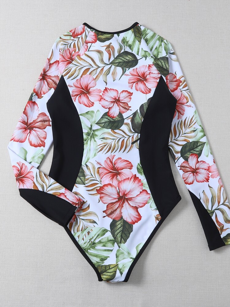 Floral & Tropical Zip Front One Piece Swimsuit | SHEIN