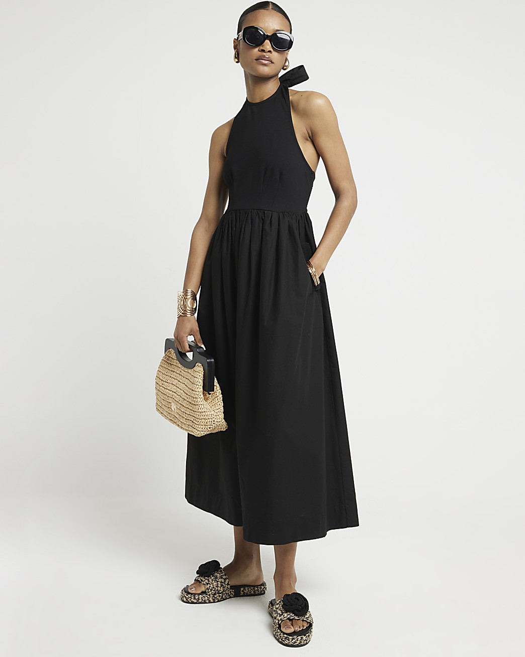 Black halter neck midi dress | River Island (UK & IE)