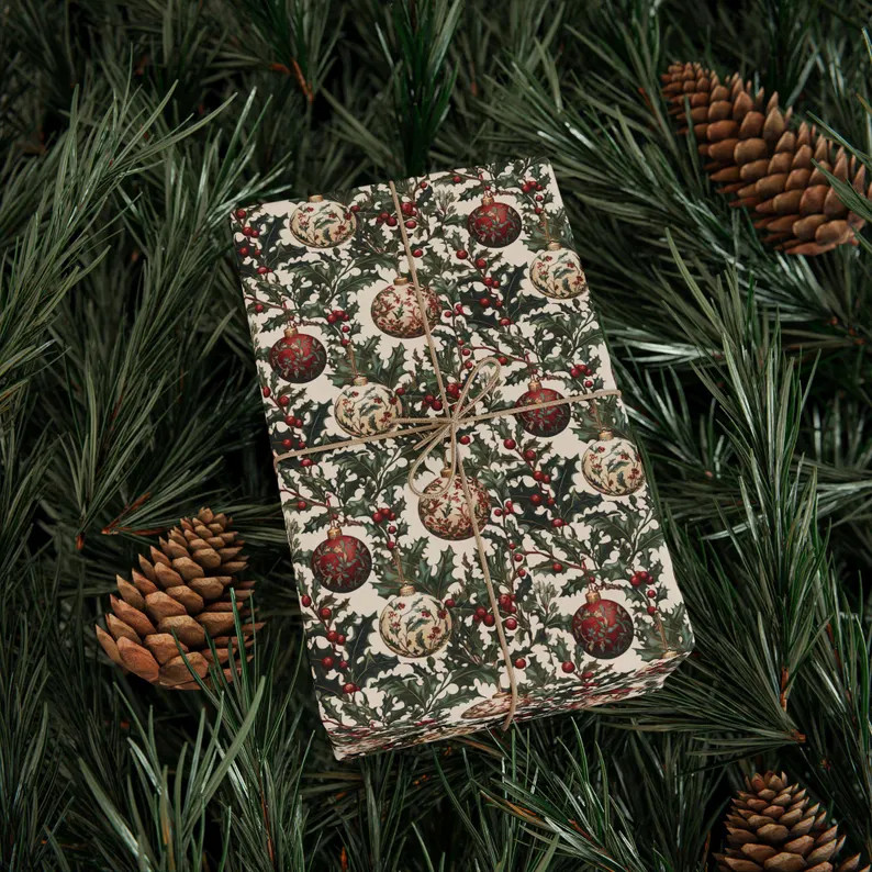 Vintage-style Christmas Wrapping Paper, Holly, Mistletoe, Decorative Baubles, Reds and Greens, Ha... | Etsy (US)
