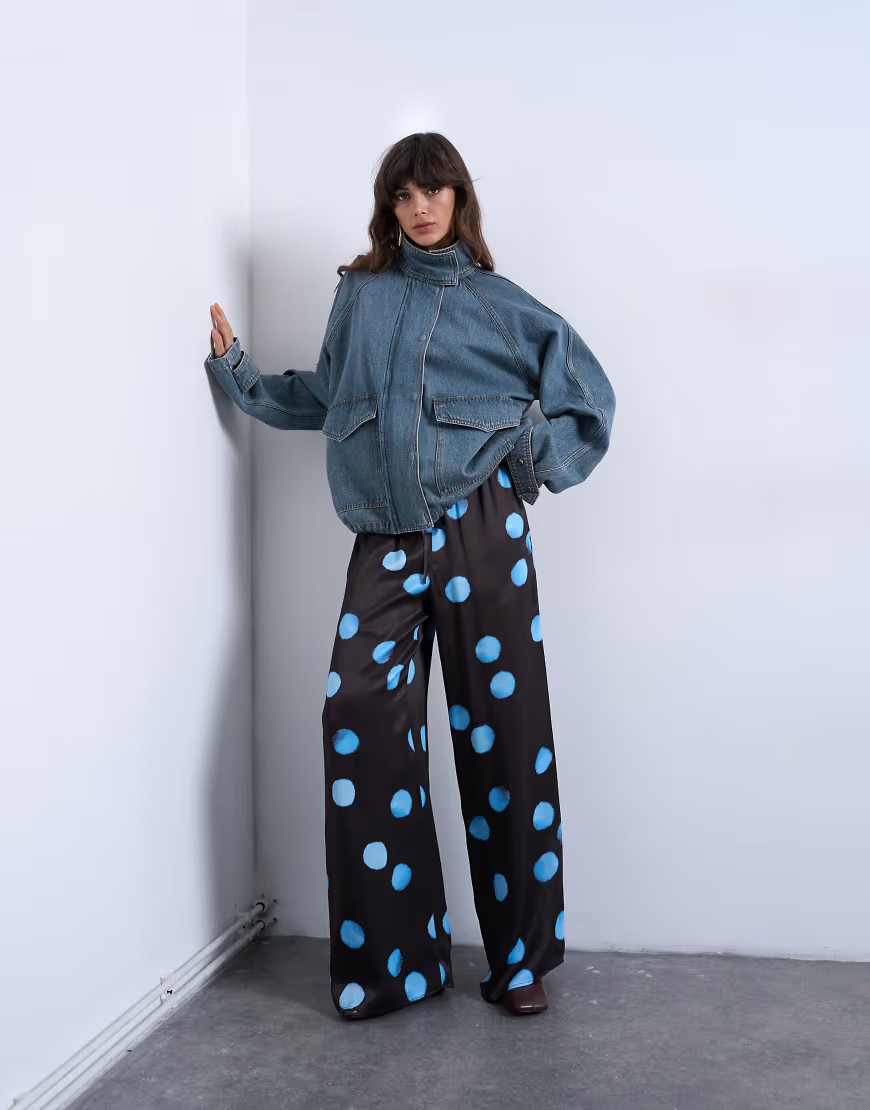 Topshop satin wide leg with tie waist pants in polka dot-Multi | ASOS (Global)