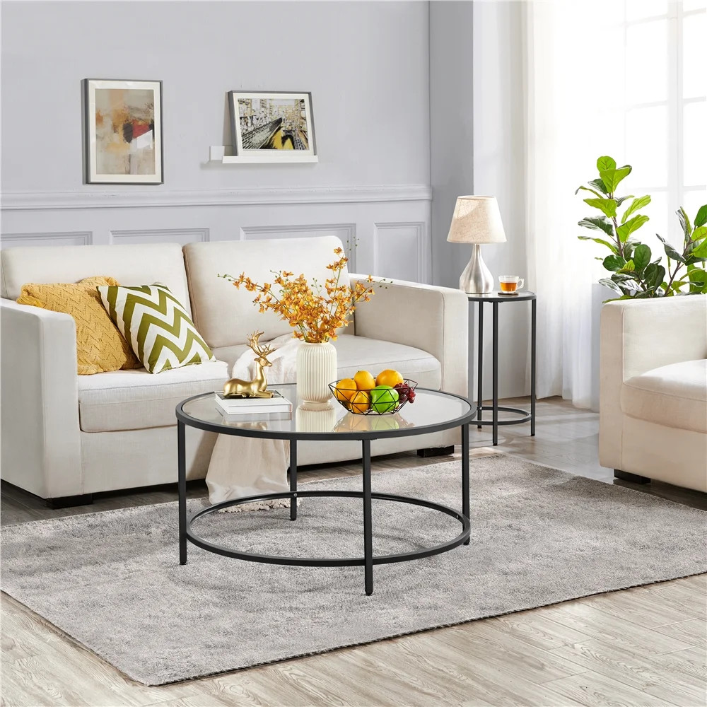 Alden Design Round Modern Glass-Top Coffee Table, Black - Walmart.com | Walmart (US)