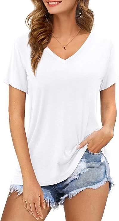 Amoretu Womens Tshirts V Neck Short Sleeve Summer Tops Blouse | Amazon (US)