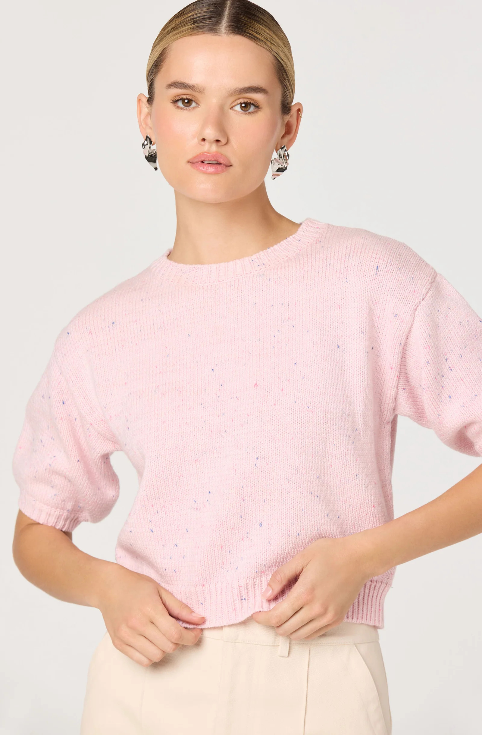Colette Flecked Knit Short Sleeve Sweater - Pink / XS | ASTR The Label (US)