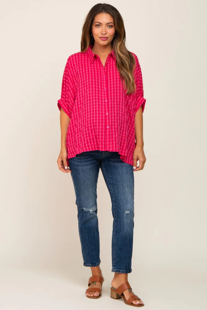 Red Gingham Button Up Collared Boxy Maternity Top | PinkBlush Maternity